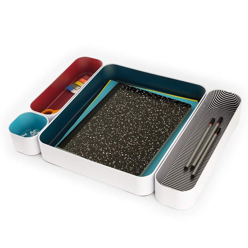Three by Three Seattle 4 Piece Shallow Metal Organizer Tray Set for Storing Makeup, Stationery, Utensils, and More in Office, Kitchen and Bathroom Drawers (2 Inch, Berry, Sunset, Sky Blue, Stripes) - Image 2